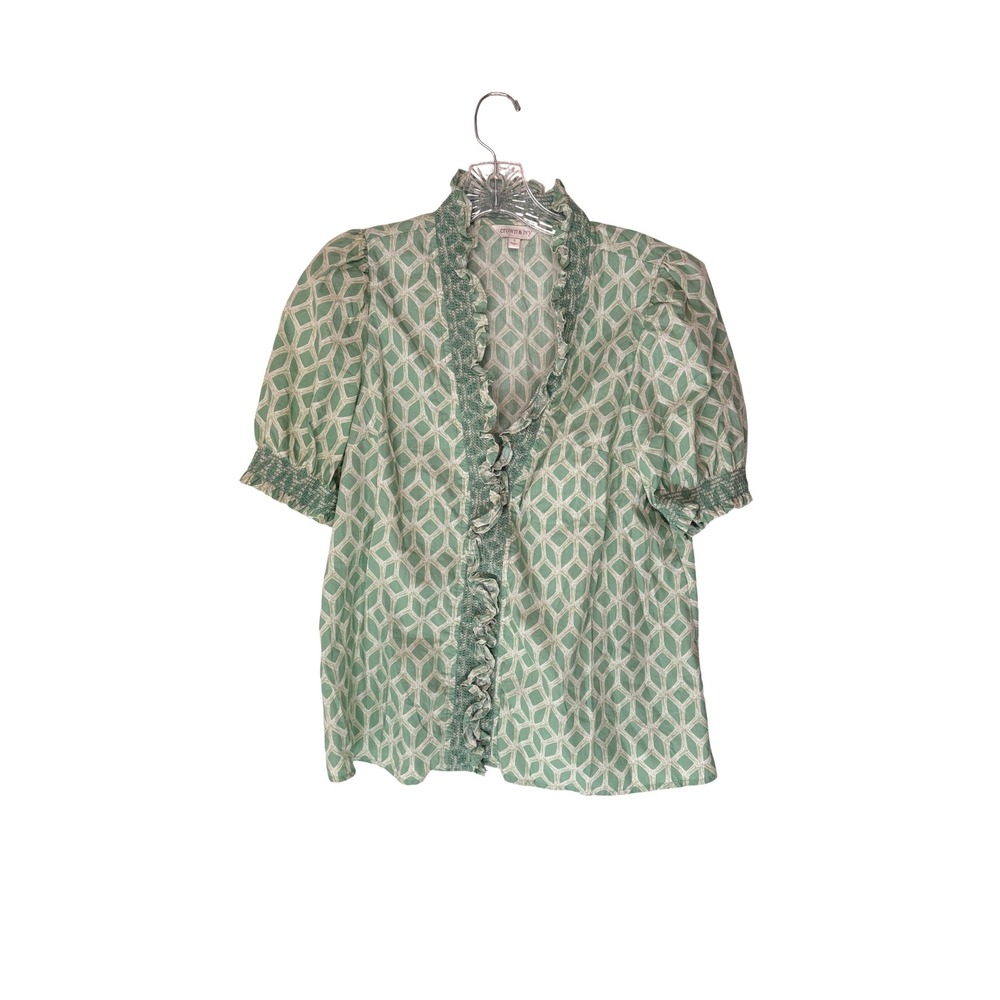 Crown & Ivy Blouse Green Geometric Print Ruffle Short Sleeve V-Neck Small